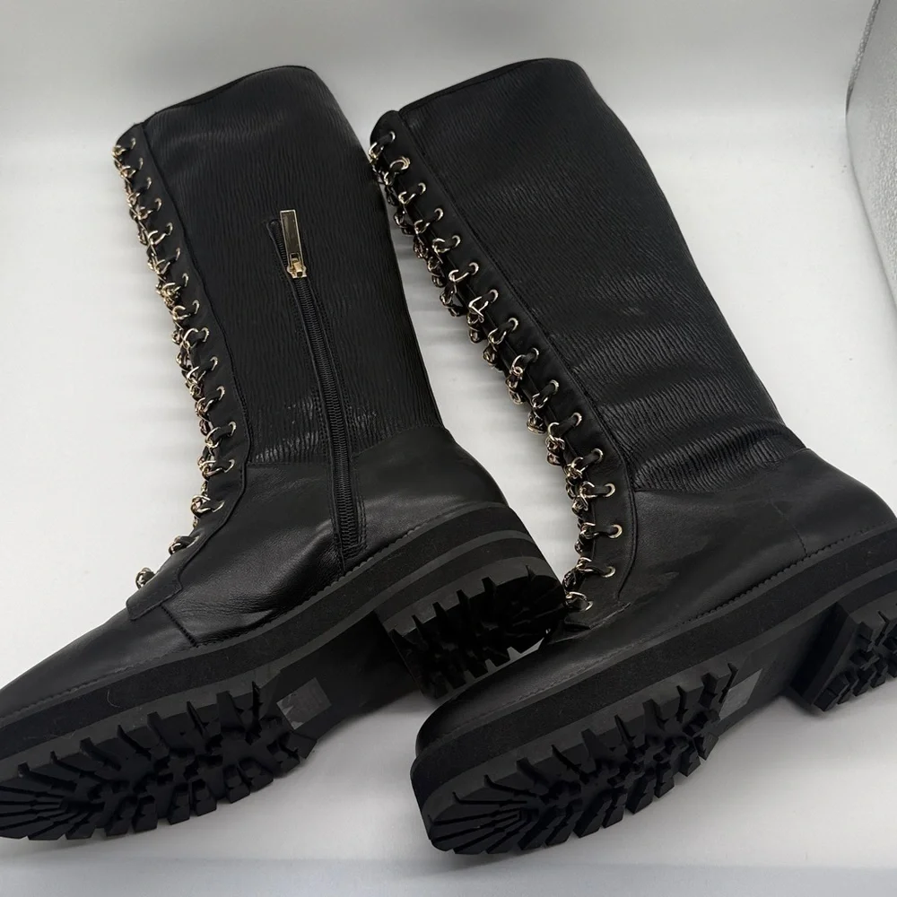 Cecelia New York Gold Chain Lace Knee High Tiny Leather Boot 8.5 Black